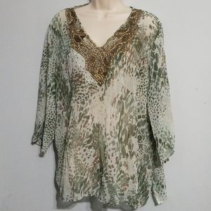 Chico's women's shear green print blouse